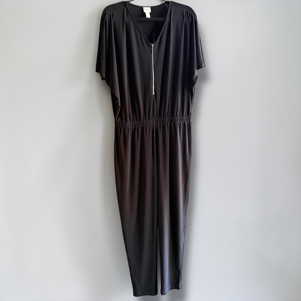 Chicos Black Zip Front Dolman Sleeve Elastic Waist Tapered Leg Jumpsuit Size 2 L